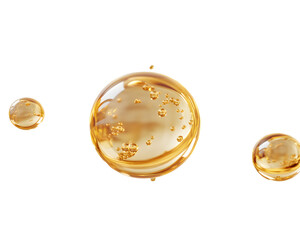 High-quality close-up of golden liquid oil drops isolated on white, 3d rendering face serum cosmetic beauty product design elements