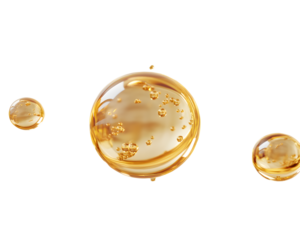 High-quality close-up of golden liquid oil drops isolated on white, 3d rendering face serum cosmetic beauty product design elements