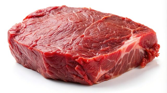 Raw chunk of beef displaying marbling and texture on a white background