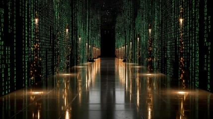 Data stream corridor with golden reflections
