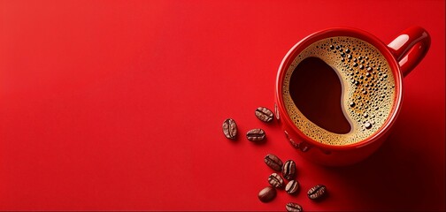 Red coffee cup and roasted beans on red background, copy space
