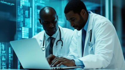Doctors analyzing data on laptop in a modern medical facility at night, data processing over diverse doctor and man on laptop consulation - Powered by Adobe