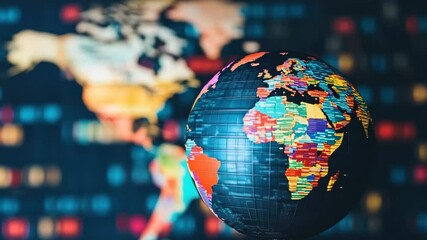 Dynamic globe revealing geographical data over a world map in a vibrant digital format, globe over world map and data processing on black background - Powered by Adobe