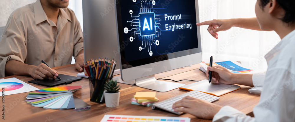 Poster Generative AI virtual assistant tools for prompt engineer and user for ease of engage artificial intelligence AI technology help people to work with generative AI functions by prompting the AI brisk