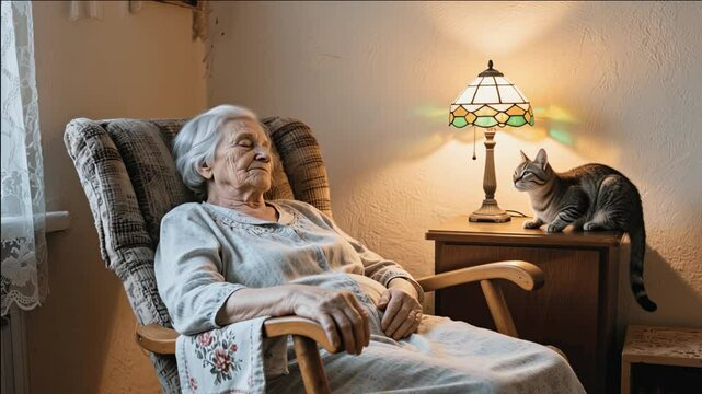 Abuela durmiendo junto a ella un gato