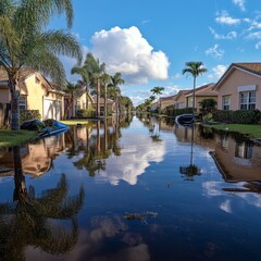 Floodwaters Surround Suburban Homes Reflecting a Bright Blue Sky Amid Palm Trees, Showcasing the Impact of Heavy Rainfall in a Quiet Community