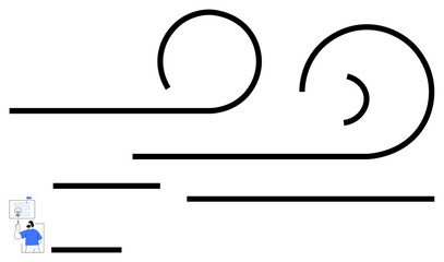 Flowing black lines and spirals illustrate motion or wind energy. A person with a diagram adds educational focus. Ideal for energy, training, sustainability, fluidity, motion, design, simple landing