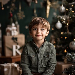Joyful Young Boy Smiles in Festive Setting Surrounded by Christmas Decorations and Gifts, Capturing the Warmth of Holiday Spirit