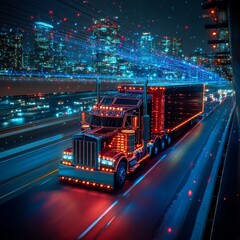 Illuminated Truck Cruising Through a Vibrant Cityscape at Night With Dazzling Lights Creating a Magical Atmosphere on the Highway