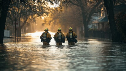 Brave Firefighters Navigate a Flooded Street at Dawn, Showcasing Their Dedication and Resilience in the Face of Nature's Challenges