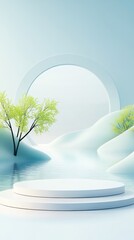 Tranquil Landscape With Serene Waters, Gentle Trees, and Ethereal Hills Creating a Peaceful Ambiance in a Minimalist Setting