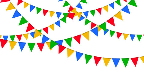 Obraz premium Red, green, yellow and blue flag garland. Triangle pennants chain. Festa Junina party decoration. Celebration flags for decor