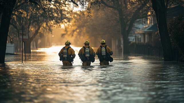 Brave Firefighters Navigate a Flooded Street at Dawn, Showcasing Their Dedication and Resilience in the Face of Nature's Challenges