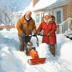 Winter Couple Clearing Snow With a Snowblower While Enjoying the Snowy Landscape in Their Cozy Suburban Neighborhood