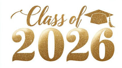 Class of 2026 gold glitter text with graduation cap icon on white background for senior school celebration