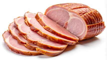 Delicious sliced baked ham showcasing its pink color and glazed crust edge