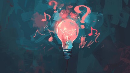 Colorful Light Bulb Surrounded by Musical Notes and Question Marks Evokes a Sense of Curiosity and Creativity, Blending Art and Imagination in a Vibrant Manner