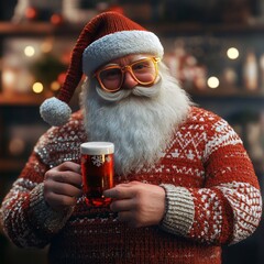 Santa Enjoys a Festive Cheer While Holding a Frothy Mug in a Cozy, Decorated Tavern Filled With Holiday Spirit and Warmth