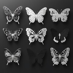 Fototapeta premium Nine elegant butterfly designs in white and black on a dark background with a high resolution photo