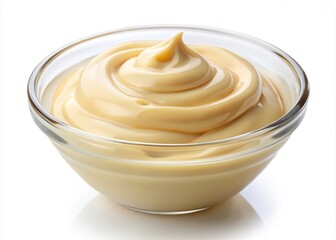 Close up of a bowl filled with creamy beige custard dessert