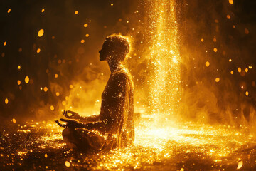 Obraz premium Silhouette of a person meditating amidst golden sparks and mystical light, embodying peace and enlightenment.