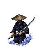 Ninja Samurai traditional ink Illustration