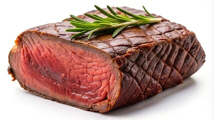 Exquisite Roast Beef with Rosemary Sprig Presentation on a Clean White Background