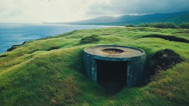 Drone explores abandoned bunker overlooking the coastline in Hawaii, Drone Flying Above Abandoned Bunker In Hawaii