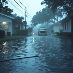 Intense Rain Creates a Surreal Atmosphere as Floodwater Envelops a Quiet Neighborhood on a Foggy Evening