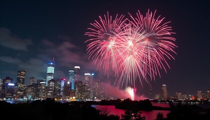 Fireworks Display Over City Skyline at Night
