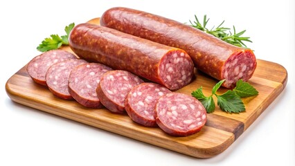 Delicious sliced salami on a wooden board ready to be served now