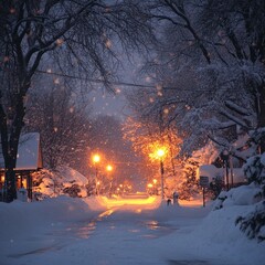 Soft Snow Blankets a Peaceful Street Illuminated by Warm Lamplight During a Calm Winter Evening
