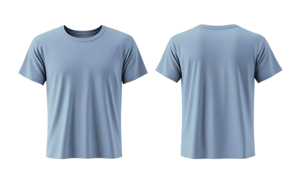 template for a plain light blue t-shirt mockup, featuring both front and back views on a clear background