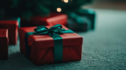 Festive Gift Wrapped in Red and Green Ribbons Waiting Under the Christmas Tree Radiates Excitement for the Holiday Season