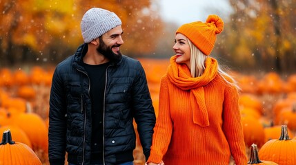 Couple walks hand in hand, smiling at each other amongst a pumpkin patch in fall.