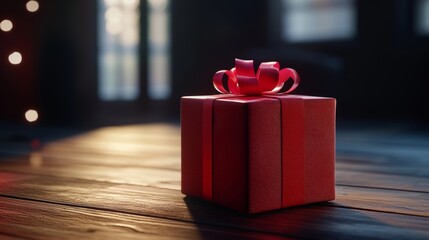 Wrapped in Celebration and Anticipation, a Vibrant Red Gift Box Sits Elegantly on a Rustic Wooden Floor Illuminated by Soft, Warm Light During a Festive Season Gathering