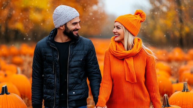 Couple walks hand in hand, smiling at each other amongst a pumpkin patch in fall.