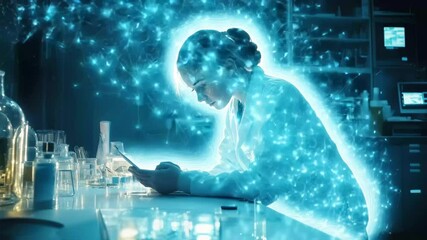 Network of connections revealed as a scientist explores data in a modern laboratory, network of connections over caucasian female scientist working in lab - Powered by Adobe