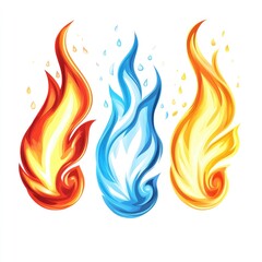 Three stylized flames, red, blue, and yellow-orange,  on white background