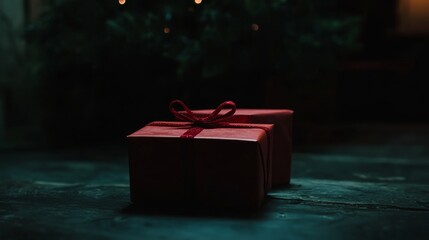 Glistening Red Gifts Await Discovery Beneath the Twinkling Lights of a Festive Celebration in a Cozy, Dimly Lit Room During the Winter Season