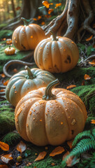 Rustic Autumn Pumpkin Harvest in a Woodland Setting - Organic Seasonal Vegetables for Festive Thanksgiving and Halloween Decorations