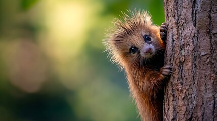 Naklejka premium Cute baby porcupine clings to a tree trunk, peering playfully from behind the rough bark in a lush green forest.