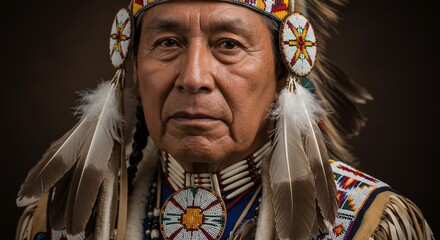 Indigenous elder in ceremonial attire portrait
