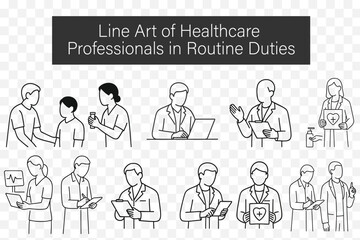  Healthcare Workers in Routine Duties – Minimalist Line Art Medical Set

