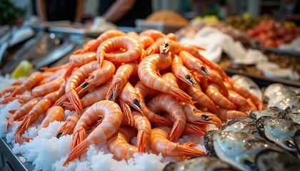 Seafood Display with Shrimp and Mussels at Market