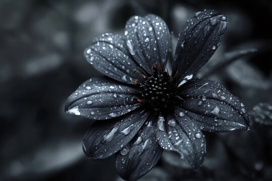 Dark moody flower covered in dew drops in black and white