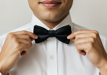 Elegant black bow tie adjustment on white shirt. Formal fashion, perfect for upscale events and style