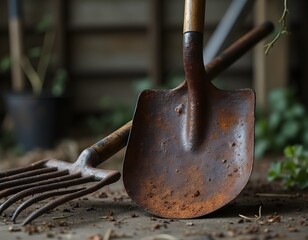 Rusty garden tools on a weathered surface.