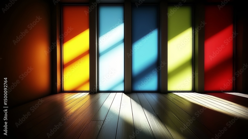 Poster room with a lot of windows and colorful shades. the room is empty and the shades are in different co