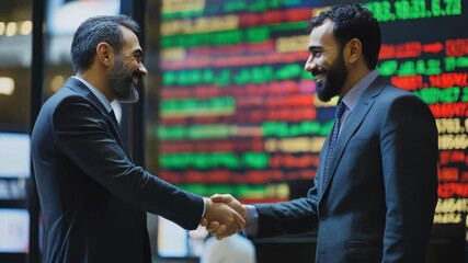 Business professionals in Middle Eastern European financial district engage in handshake to finalize deal, handshake Middle Eastern European business male stocks shares trading financial - Powered by Adobe